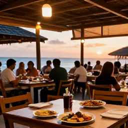 Caribbean Holidays, Cheap March Holidays, A simple Dominican Republic seaside restaurant serving fresh local food at sunset, with warm lights and a friendly holiday atmosphere