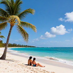Caribbean Holidays, Cheap March Holidays, A sunny Caribbean beach in March with turquoise water, palm trees and a relaxed couple enjoying the shoreline
