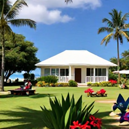 Caribbean Holidays, Cheap March Holidays, Affordable Trinidad and Tobago holiday accommodation near a tropical beach, showing a clean guesthouse, lush gardens and travellers relaxing