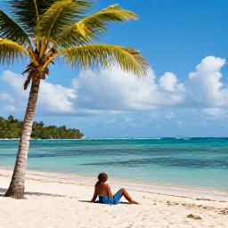 Caribbean Holidays, Cheap March Holidays, Bright beach scene in Trinidad and Tobago in March, with calm turquoise water, palm trees and a relaxed traveller enjoying the sunshine
