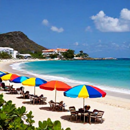Caribbean Holidays, Cheap March Holidays, Colourful beach caf&eacute;s and umbrellas along Orient Bay in Saint Martin, Caribbean sunshine and clear blue sea