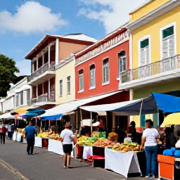 Caribbean Holidays, Cheap March Holidays, Colourful Fort-de-France street scene with market stalls, local produce and historic Caribbean-French buildings