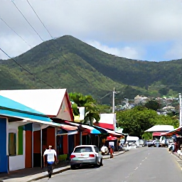 Caribbean Holidays, Cheap March Holidays, Colourful Kingstown street scene in Saint Vincent, with local shops, market stalls and green hills in the background