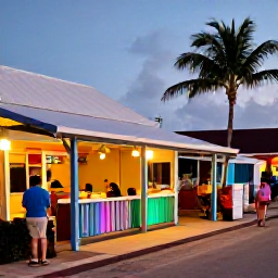 Caribbean Holidays, Cheap March Holidays, Colourful waterfront restaurant and small local shops in Providenciales, Turks and Caicos, with visitors enjoying an informal March evening