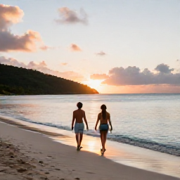Caribbean Holidays, Cheap March Holidays, Couple walking along a calm Caribbean beach at sunset in the British Virgin Islands
