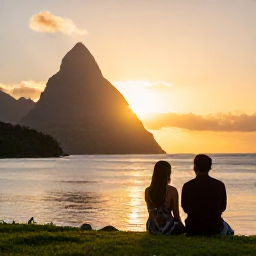 Caribbean Holidays, Cheap March Holidays, Couple watching a golden sunset over Saint Lucia&rsquo;s Caribbean coastline, with the Pitons silhouetted in the distance