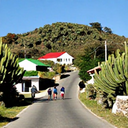 Caribbean Holidays, Cheap March Holidays, Cura&ccedil;ao countryside road with cactus-covered hills, traditional houses and a small group of visitors exploring the island in warm March sunshine