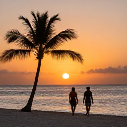 Caribbean Holidays, Cheap March Holidays, Cura&ccedil;ao sunset over a calm Caribbean beach with palm silhouettes, warm orange light and a relaxed couple walking beside the water