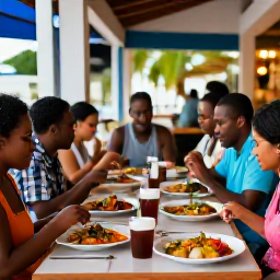 Caribbean Holidays, Cheap March Holidays, Friendly local restaurant in Saint Lucia serving colourful Caribbean food, with diners enjoying an informal evening meal