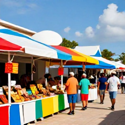 Caribbean Holidays, Cheap March Holidays, Friendly outdoor market in George Town, Grand Cayman, with colourful stalls, local produce and visitors browsing in warm March sunshine