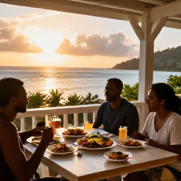 Caribbean Holidays, Cheap March Holidays, Outdoor Caribbean restaurant overlooking the sea with local food, friendly atmosphere and sunset light in Saint Kitts