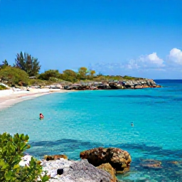 Caribbean Holidays, Cheap March Holidays, Quiet Cura&ccedil;ao cove with snorkellers, rocky coastline, tropical vegetation and clear blue Caribbean sea under a sunny sky