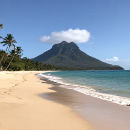 Caribbean Holidays, Cheap March Holidays, Quiet golden beach on Nevis with Nevis Peak in the background, clear water and a few palm trees