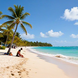 Caribbean Holidays, Cheap March Holidays, Quiet Martinique beach with golden sand, clear turquoise sea and visitors relaxing beneath palm trees