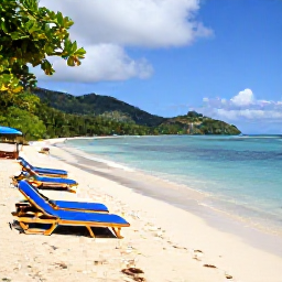 Caribbean Holidays, Cheap March Holidays, Relaxed beachfront holiday scene at Grand Anse Beach, Grenada, with sun loungers, clear water and green hills in the distance