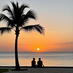 Caribbean Holidays, Cheap March Holidays, Relaxed sunset scene at Rum Point in Grand Cayman, calm Caribbean sea, palm trees and a couple watching the sky turn orange