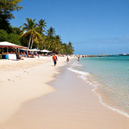 Caribbean Holidays, Cheap March Holidays, Relaxed tropical beach in Tobago with golden sand, clear shallow water, local food stalls and visitors enjoying a budget-friendly holiday