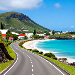 Caribbean Holidays, Cheap March Holidays, Scenic coastal road overlooking turquoise bays, green hills and colourful buildings on Saint Martin and Sint Maarten