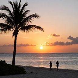 Caribbean Holidays, Cheap March Holidays, Sunset over the calm sea near Providenciales in the Turks and Caicos Islands, with palm silhouettes and a relaxed couple walking along the shore