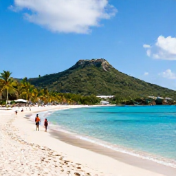 Caribbean Holidays, Cheap March Holidays, Travellers enjoying a calm sandy beach beside clear blue water, with palm trees and green hills in the background on St Thomas