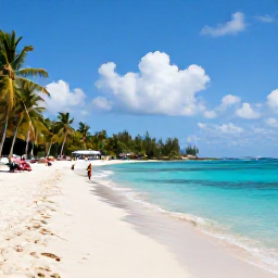 Caribbean Holidays, Cheap Martinique Holidays, A bright Caribbean beach in Martinique with turquoise water, palm trees and a few relaxed visitors enjoying an affordable holiday
