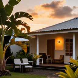 Caribbean Holidays, Cheap Martinique Holidays, A comfortable modest guesthouse terrace in Martinique at sunset, with tropical plants, simple outdoor seating and a warm welcoming atmosphere