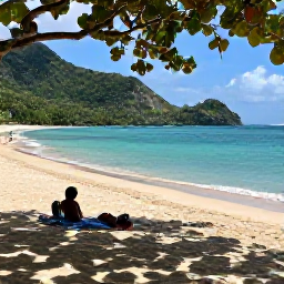 Caribbean Holidays, Cheap Martinique Holidays, A quiet sandy beach in Martinique with clear shallow water, lush hills and visitors relaxing beneath natural shade