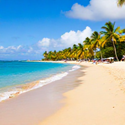 Caribbean Holidays, Cheap Martinique Holidays, Golden sandy beach with clear turquoise water, palm trees and relaxed visitors on a Martinique coastline