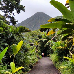 Caribbean Holidays, Cheap Martinique Holidays, Lush Martinique rainforest trail with tropical plants, volcanic mountains and hikers in the distance
