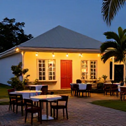 Caribbean Holidays, Cheap Martinique Holidays, Relaxed evening in a charming Martinique village with outdoor tables, warm lights and a calm Caribbean atmosphere