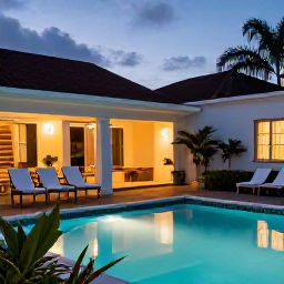 Caribbean Holidays, Cheap Martinique July, A welcoming Martinique hotel terrace with a swimming pool, tropical plants and a relaxed evening atmosphere