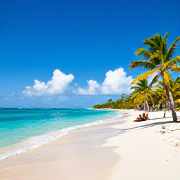 Caribbean Holidays, Cheap May Holidays, A bright Caribbean beach in the Dominican Republic in May, with turquoise water, soft white sand, palm trees and a few relaxed holidaymakers