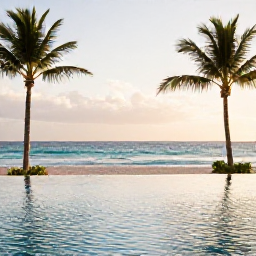 Caribbean Holidays, Cheap May Holidays, A calm resort swimming pool beside a palm-fringed beach in Punta Cana, Dominican Republic, under warm May sunshine