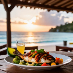 Caribbean Holidays, Cheap May Holidays, A cheerful Saint Lucian seaside restaurant serving fresh grilled fish and colourful local dishes at sunset