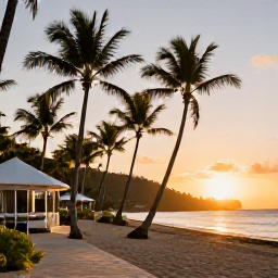 Caribbean Holidays, Cheap May Holidays, A comfortable Martinique holiday hotel near a tropical beach at sunset, with palm trees and warm evening light