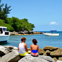 Caribbean Holidays, Cheap May Holidays, A couple enjoying a scenic Caribbean island excursion in May, small boat near rocky coves, tropical coastline and calm blue sea