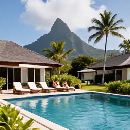 Caribbean Holidays, Cheap May Holidays, A couple relaxing beside a quiet Saint Lucia hotel pool with tropical gardens and mountains in the distance