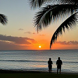 Caribbean Holidays, Cheap May Holidays, A couple watching a colourful sunset over the Caribbean Sea from an Antiguan shoreline, with gentle waves and palm silhouettes