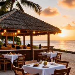 Caribbean Holidays, Cheap May Holidays, A friendly Caribbean beach restaurant at sunset on Saint Kitts, with local food, outdoor tables and warm evening light