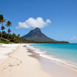Caribbean Holidays, Cheap May Holidays, A peaceful sandy beach on Nevis with turquoise sea, palm trees and views towards the volcanic peak of Nevis Peak