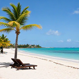 Caribbean Holidays, Cheap May Holidays, A quiet sandy beach in Antigua with turquoise water, palm trees and a few affordable sun loungers under bright May sunshine