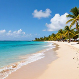Caribbean Holidays, Cheap May Holidays, A sunny Caribbean beach on Saint Kitts with calm turquoise water, golden sand, palm trees and a relaxed holiday atmosphere
