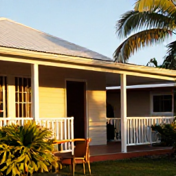 Caribbean Holidays, Cheap May Holidays, A welcoming Antiguan guesthouse terrace with tropical plants, simple outdoor seating and golden evening light