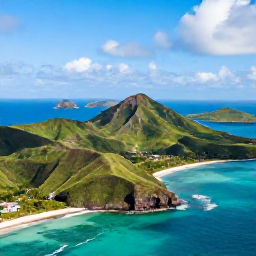 Caribbean Holidays, Cheap May Holidays, Aerial view of Saint Vincent and the Grenadines, showing green volcanic hills, turquoise Caribbean water and small islands beneath a bright May sky