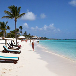 Caribbean Holidays, Cheap May Holidays, Aruba beach holiday scene with palm trees, sun loungers, clear shallow water and travellers enjoying a warm May afternoon