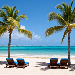 Caribbean Holidays, Cheap May Holidays, Bright Caribbean beach in May with turquoise water, palm trees, sun loungers and a relaxed holiday atmosphere