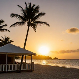 Caribbean Holidays, Cheap May Holidays, Caribbean sunset over a quiet sandy beach with soft golden light, palm silhouettes and a small beachfront restaurant