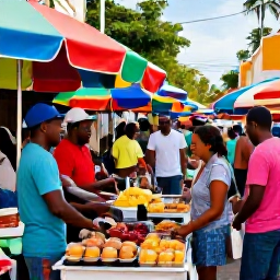 Caribbean Holidays, Cheap May Holidays, Colourful Caribbean market street with local food stalls, friendly vendors and visitors exploring in warm May sunshine