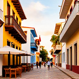 Caribbean Holidays, Cheap May Holidays, Colourful colonial street in Santo Domingo, Dominican Republic, with historic buildings, balconies, caf&eacute;s and pedestrians in warm daylight