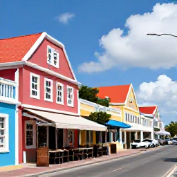 Caribbean Holidays, Cheap May Holidays, Colourful Oranjestad street in Aruba with Dutch Caribbean architecture, small shops and outdoor caf&eacute;s under a sunny sky